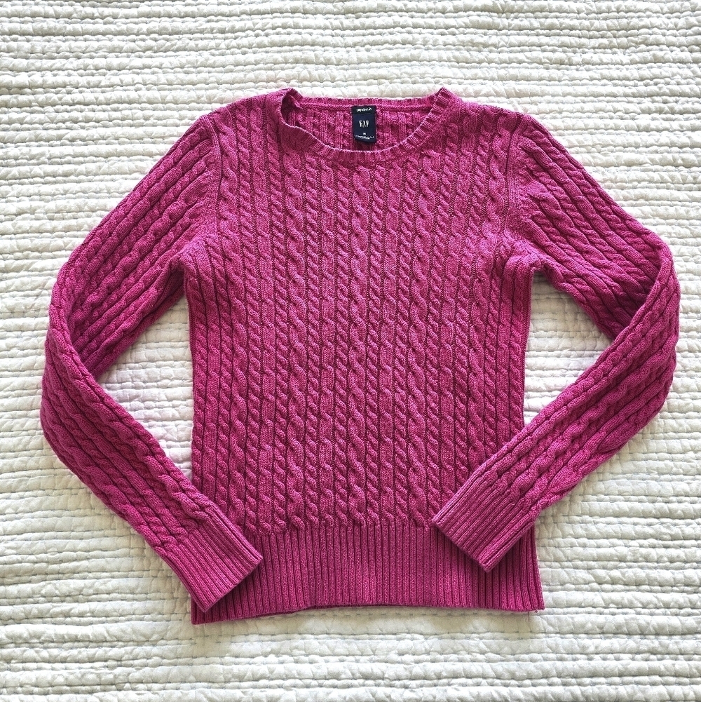 GAP Cotton Cable Knit Sweater – Fuchsia Pink – Classic Crewneck – Size M - Picture 2 of 6